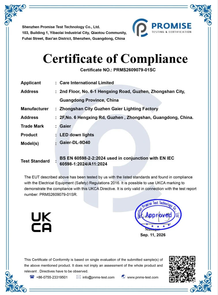 UKCA Certificate for LightsForHotels.com - Gaier Lighting Factory